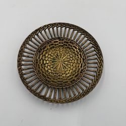 Mid Century Italian Solid Brass Round Pierced Basket Weave Bowl
