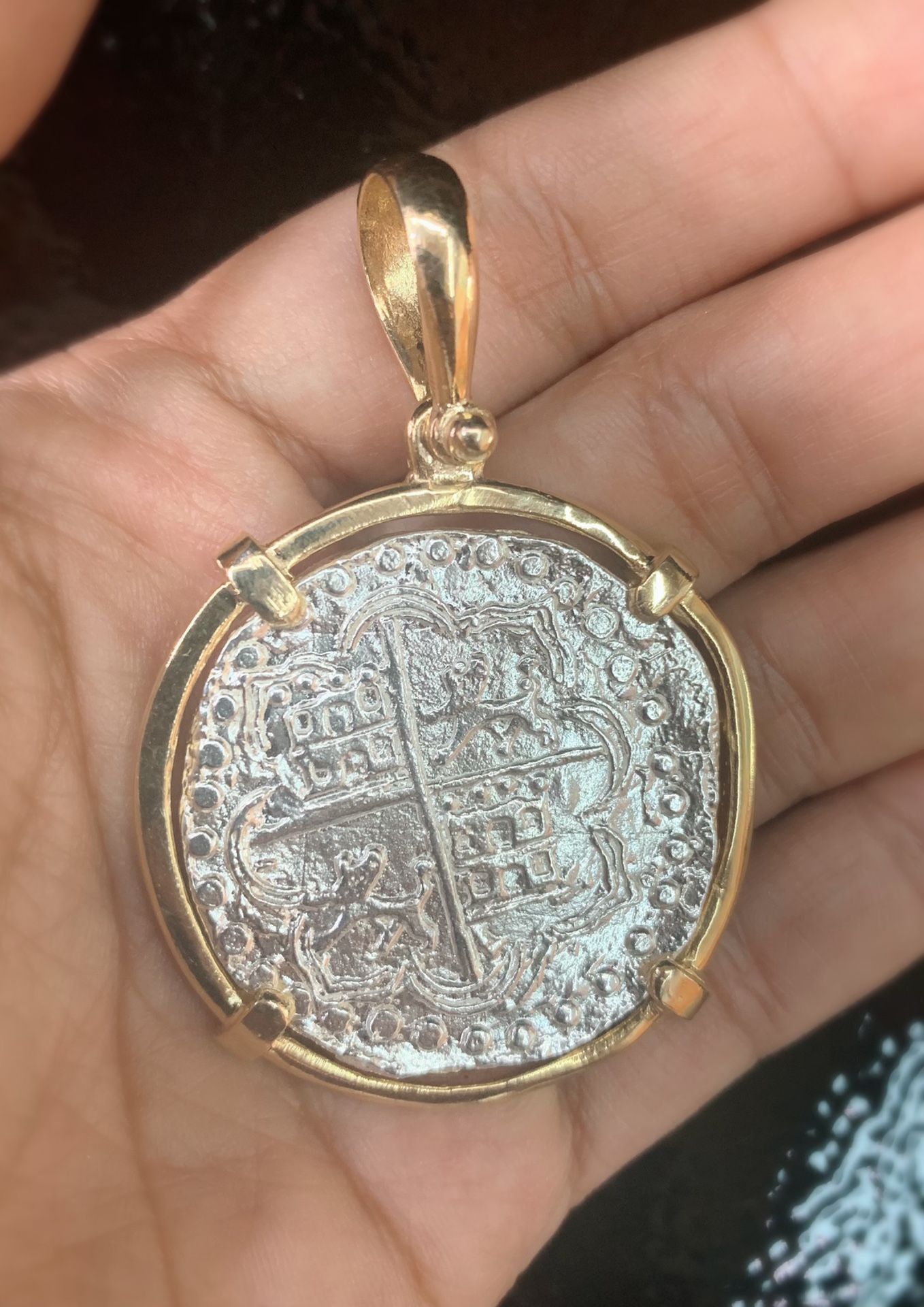 Big Atocha silver coin pendant in 14k solid gold bezel