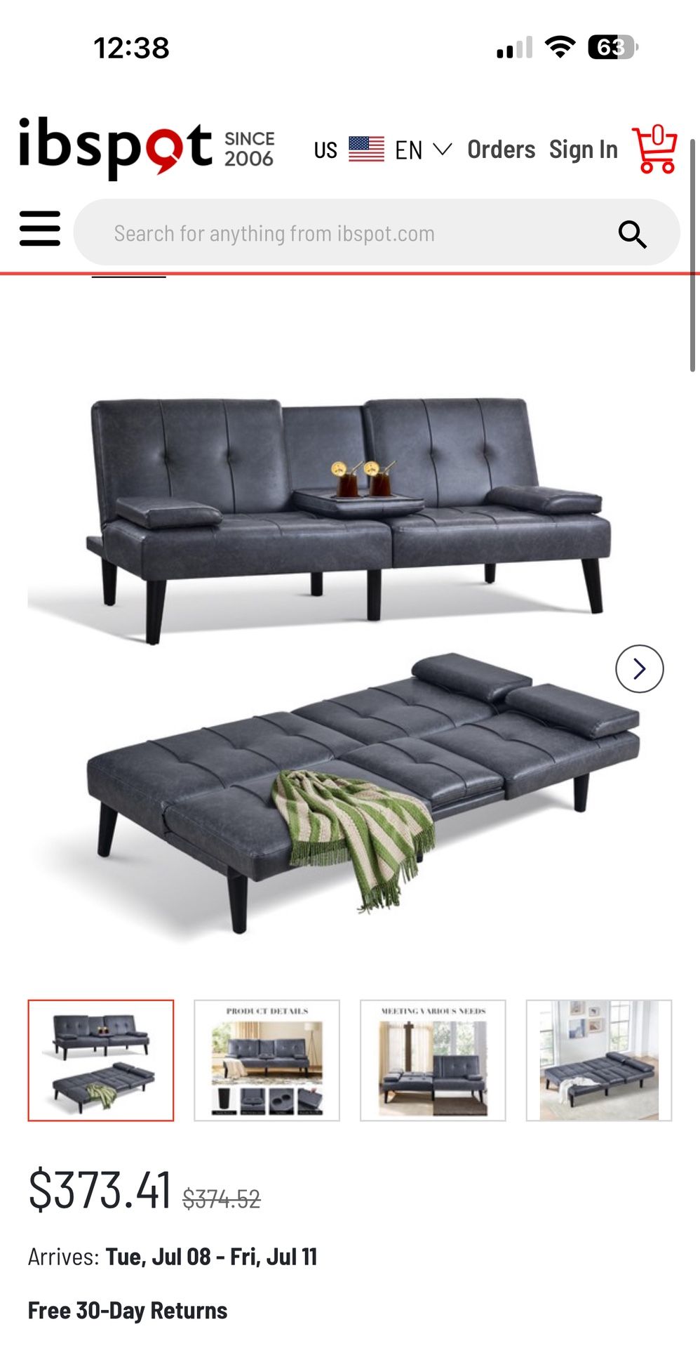 Futon Sofa Bed - DARK GREY LEATHER