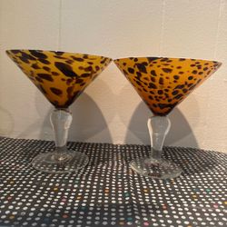 Leopard Print Martini Glasses Set of 2 Blown Glass Heavy