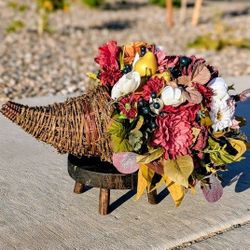 Handmade Large Autumn Cornucopia – Faux Pears & Berries, Fall Table Centerpiece

