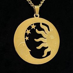 Celestial Sun & Moon Stainless Steel Necklace Waterproof Gold Tone Pendant