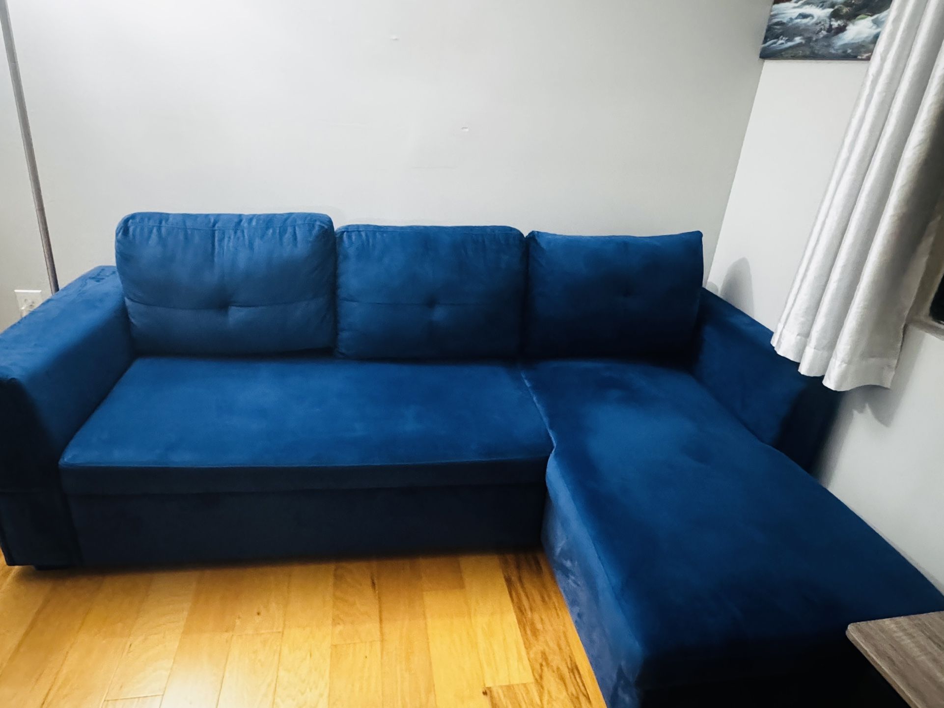 91inch Blue Velvet Sofa Bed with Reversible Chaise (like New)