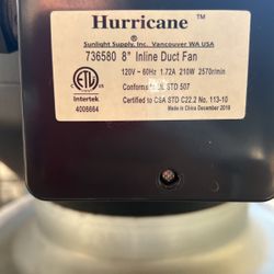 Hurricane 736580 8” Inline Duct Van With Carbon Filter 120 V 60Hz