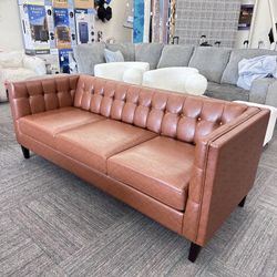 Faux Leather Tufted 3 Seater Sofa, Cognac Brown, New