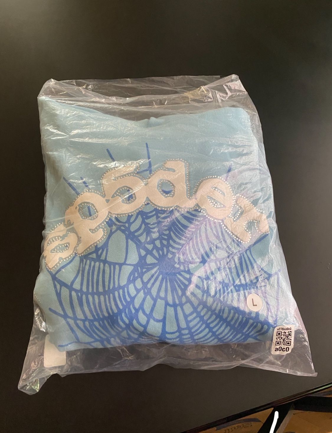 Sp5der Sky Blue Rhinestone Hoodie L