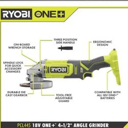 Ryobi ONE+ 18V Cordless 4-1/2 in. Angle Grinder - Tool Only (PCL445B)