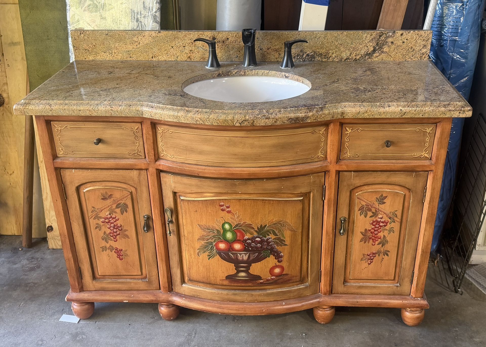 Antique Bathroom Vanity With Granite Top, Sink And Faucet. 
