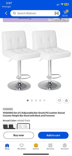 YOQIANG Set of 2 Adjustable Bar Stools PU Leather Swivel with Back and Footrest White