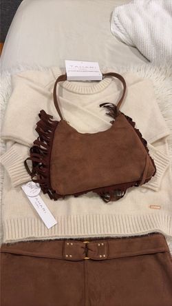 Tahari Girl Brown Suede Fringe Shoulder Bag