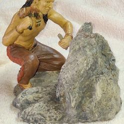 Vintage Sculpture Of Native American Indian Chief Chiseling Designs in Rock G5D095