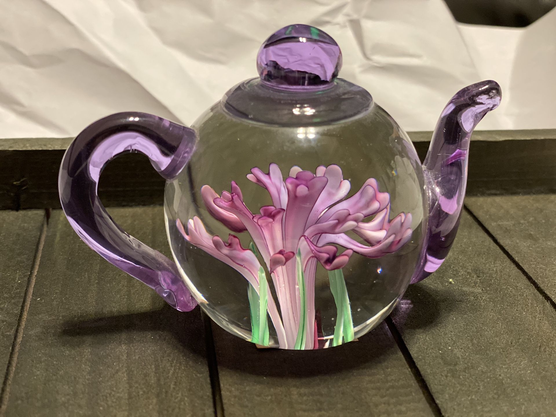 Dynasty Gallery Heirloom Collectibles Teapot Paperweight. Iris Flower and Lavender Handle 3.75" tall x 4.75" wide. $10