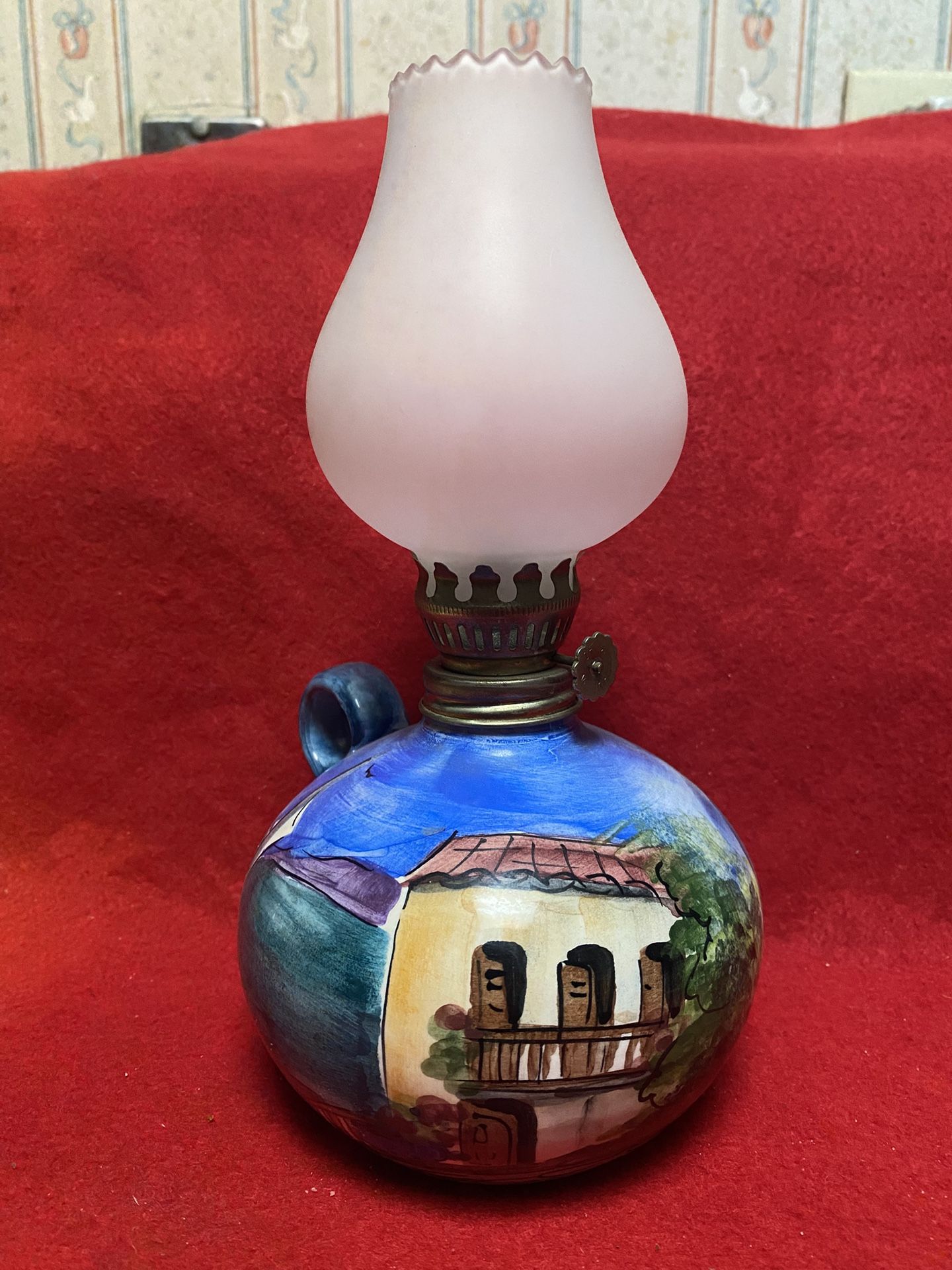 8.5 inches with Glass Handmade Hand painted Imported From Greece Ceramic Oil Lamp
