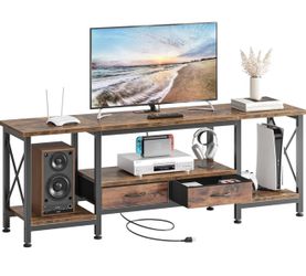 TV Stand, Media Console with 2 Fabric Drawers & Power Outlets, Rustic Wood