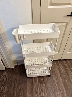 4-Tier Narrow White Storage Cart with Hooks and Caddy