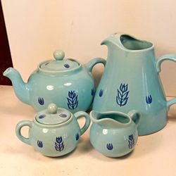 Vintage Cronin Pottery Blue Tulip Tea Coffee Set Pitcher Teapot Sugar Creamer