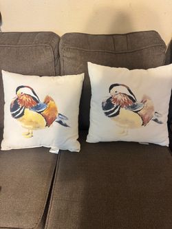 Pair of Hampton Bay Outdoor Throw Pillows - Mandarin Duck Watercolor Art