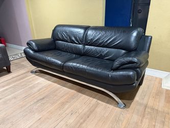 Black Leather Sofa with Chrome Legs