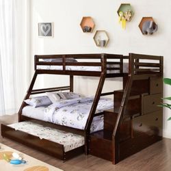 Brand New Espresso Twin Over Full Bunk Bed w Staircase (Trundle Sold Separately)