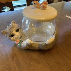 Cookie Jar- Cat Holding  a Fish Bowl! 