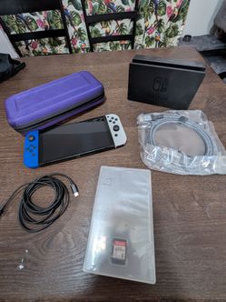 Nintendo Switch OLED Model White and Blue - Complete System Setup w/ Smash Bros, Case & Dock