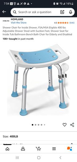 Adjustable Shower Chair With Suction Cup Feet, Aluminum For