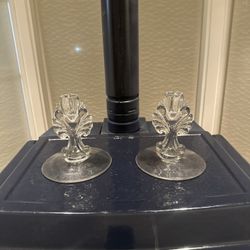 Pair Of Clear Glass Candlesticks For Taper Or Dinner Candle