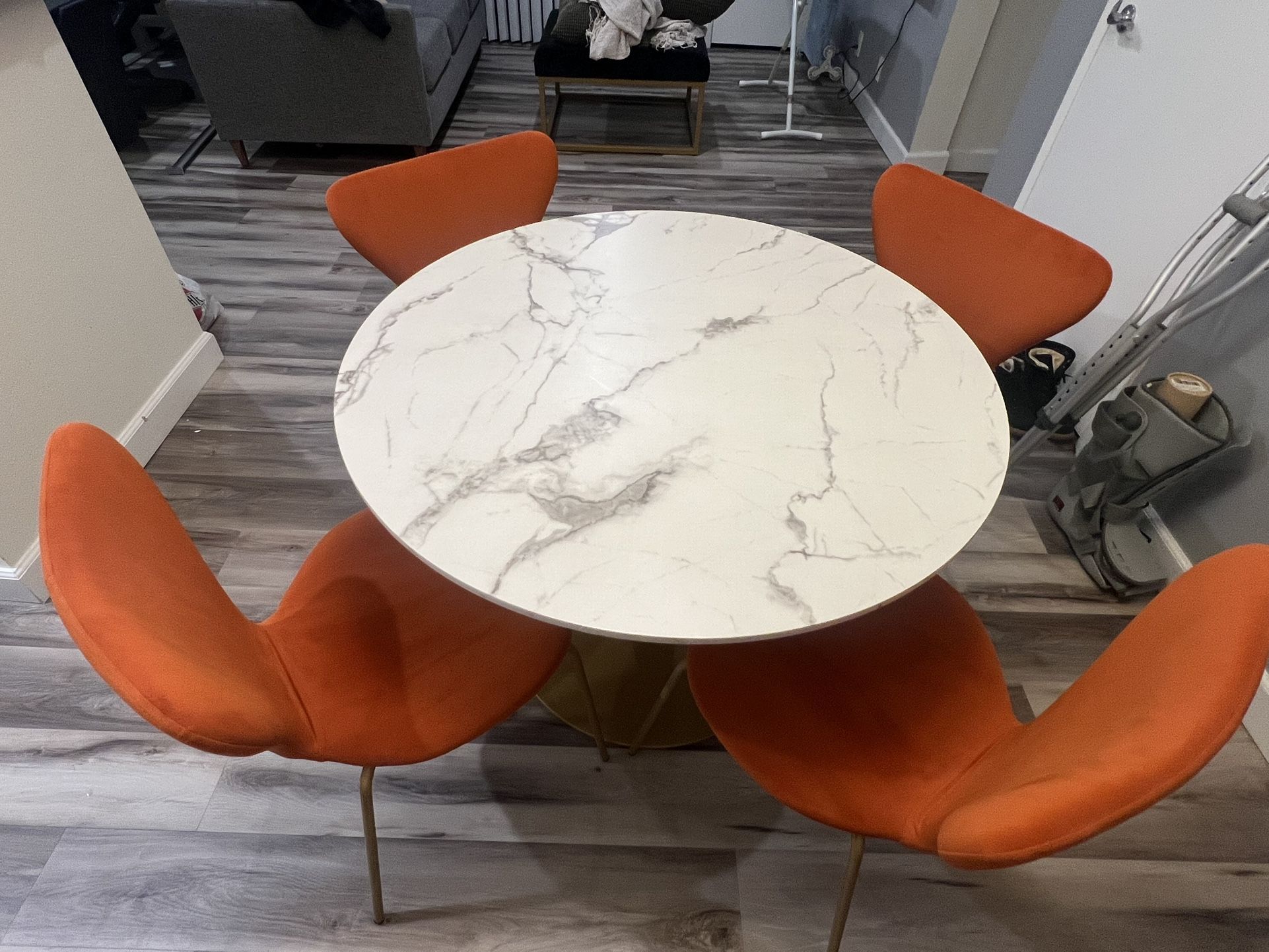 Dining Set: Marble Circular Table + Orange Velvet Chairs