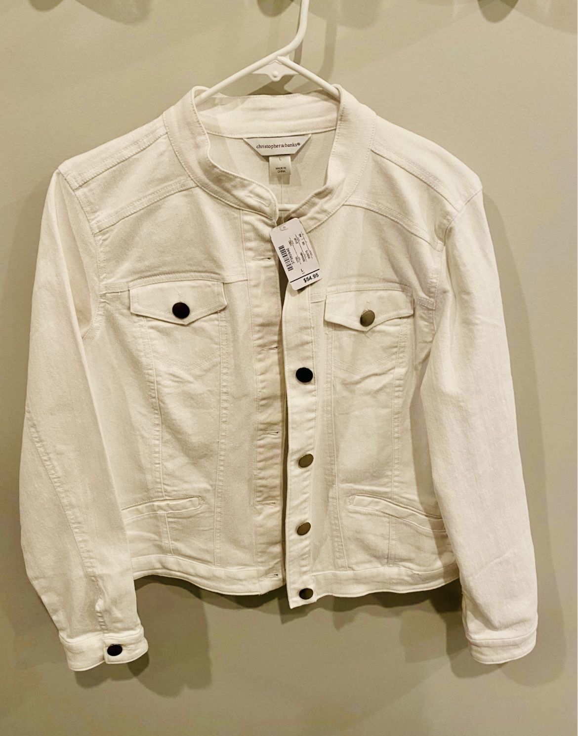 Christopher and Banks women’s size L Nero collar white denim jacket, new with tags.