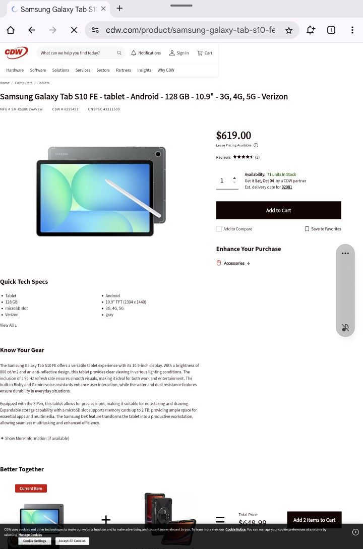 Galaxy Tab S10 Fe 5g With Verizon Line Paid For Rest Of The Year