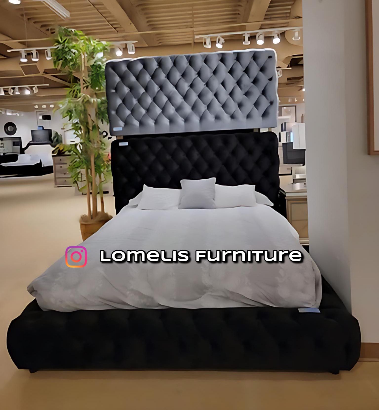 Queen Black Button Platform Bed w. Orhopedic Mattress Included