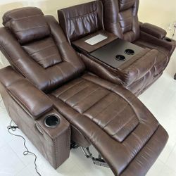 JH-$49 Down Payment For Financing Owners Box Brown Leather Power Reclining Sofa And Loveseat Home Theater Seating 