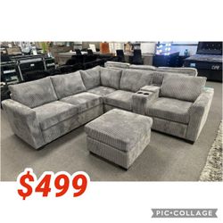 Light gray corduroy sectional sofa with ottoman  104"W X 92"W X 34"H// Limited Time Offer 
