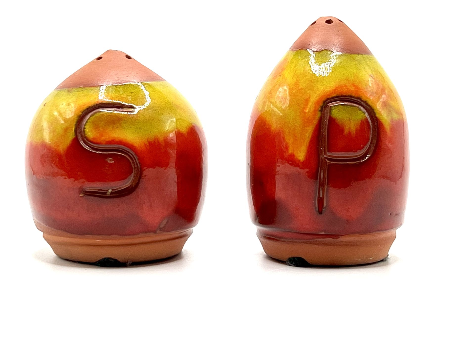 Studio Redware Pottery Salt & Pepper Shakers bright Yellow and Red Glaze Signed 