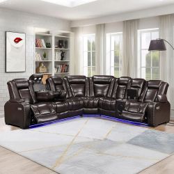Brand New Elegant Power Reclining Leather Sectional Sofa W/ LED/ Speakers