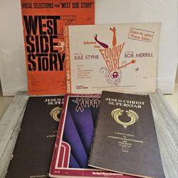 Vintage Set of 5 Broadway Piano Music Song Book Pamphlets Xanadu, Funny Girl, West Side Story and 2 Versions of Jesus Christ Superstar. Paperbacks.

-