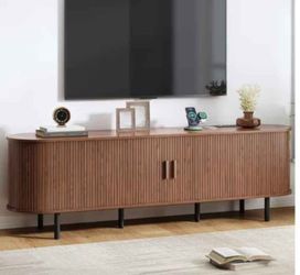 TV Stand 70 inches with Power Outlet, Modern Media Console with Sliding Doors, Entertainment Center for TVs up to 60 Inch, Adjustable Shelves, Walnut