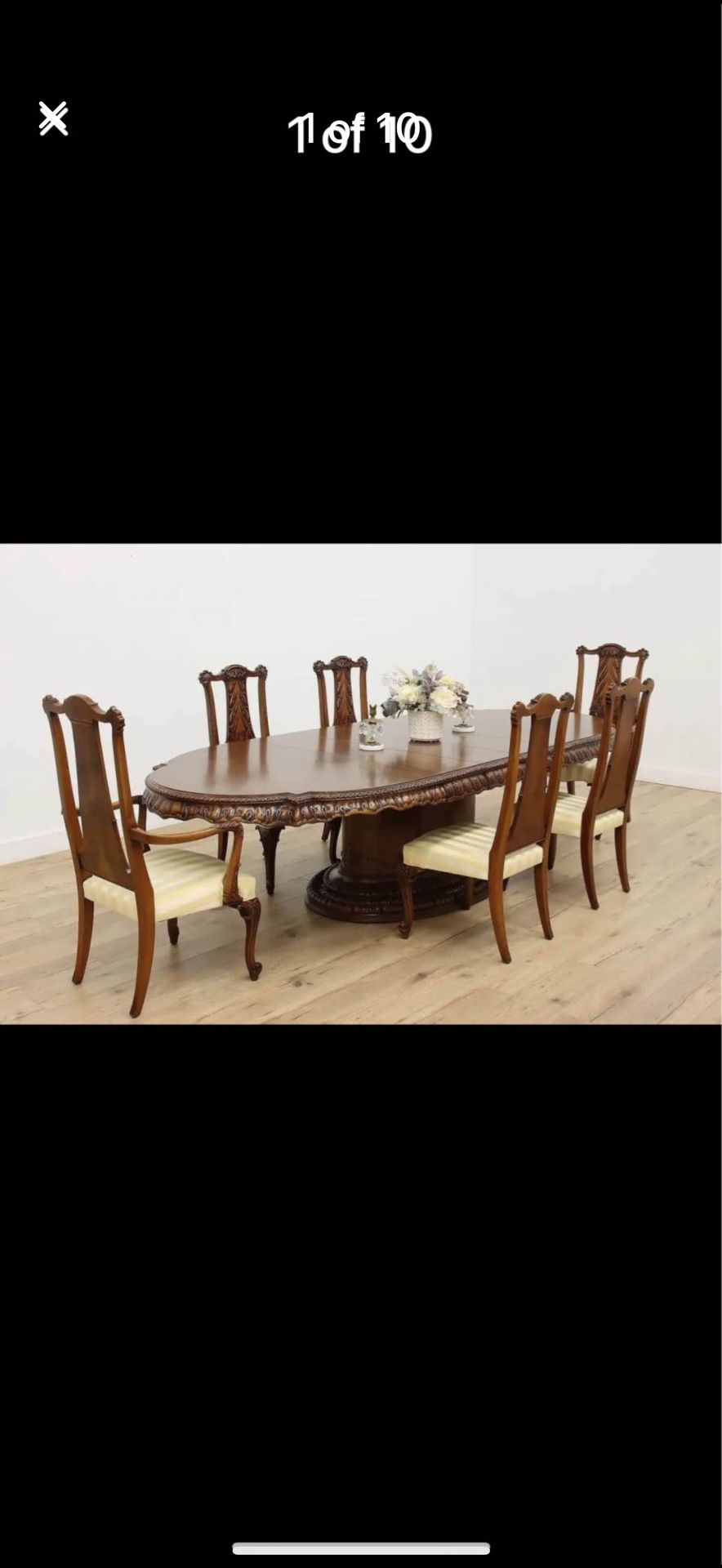 Romweber Louis XV Carved de Gaulle Dining Set, Table, 4 Leaves, 6 Chairs