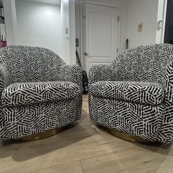 Set of 2 Swivel Accent Chairs, Black/White Geometric + Gold Base