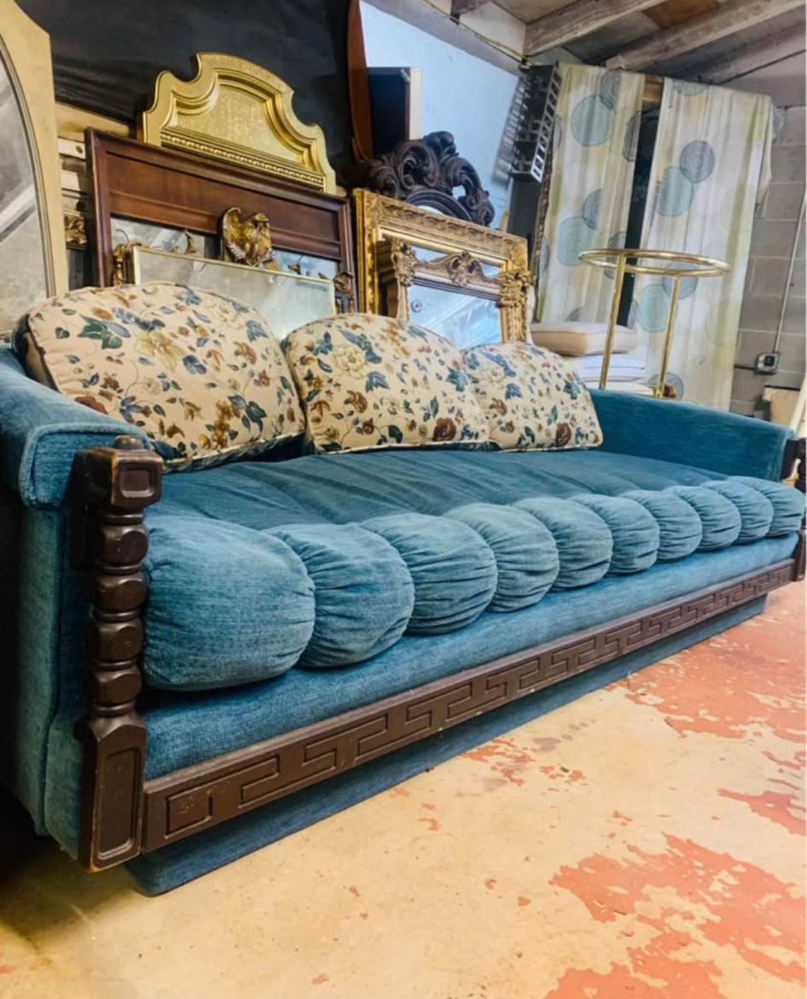 1960s-70s Mid Century Mediterranean Sofa - Teal Velvet Tufted Cushion Couch - Solid Wood Frame -teal