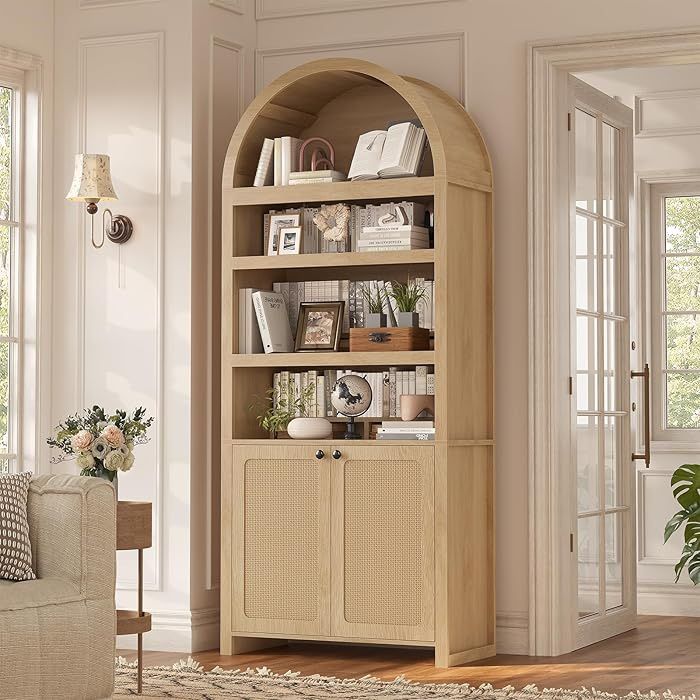 81" Tall Arched Cabinets,Bookcase with storage,Mid-Century Modern 6-Tier Bookshelf with Door,2 Book Risers and Adjustable Shelves offering more storag