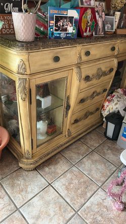 Vintage Ornate Wood Buffet Cabinet with Glass Doors