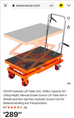 VEVOR Hydraulic Lift Table Cart, 330lbs Capacity 50" Lifting Height, Manual Double Scissor Lift Table with 4 Wheels and Non-slip Pad, Hydraulic Scisso