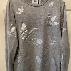 Adidas original Trefoil logo metallic Gray Long Sleeve T shirt-Mens Medium