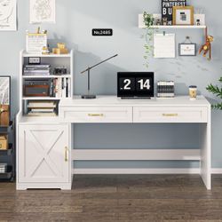 60" Computer Desk with Drawers & Bookshelves, Home Office Desk with Storage Cabinet & Spacious Desktop, Writing Gaming Study Table with Bookcase, Whit