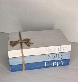 Hobby Lobby Coastal Wood Book Stack Sandy Salty Happy Blue White Beach Decor