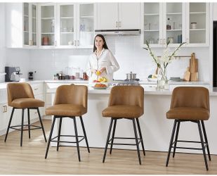 Counter Height Bar Stools Set of 4,360° Swivel Faux Leather Barstools with High Back 26" H Seat Height (Faux Leather-Saddle Brown, 4 Pieces - 26" Coun