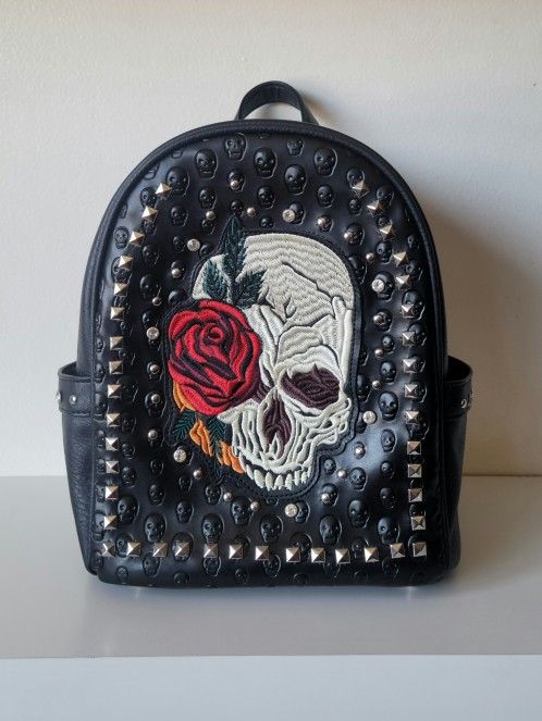 Studded Leather Backpack. Embroidered Skull and Ross