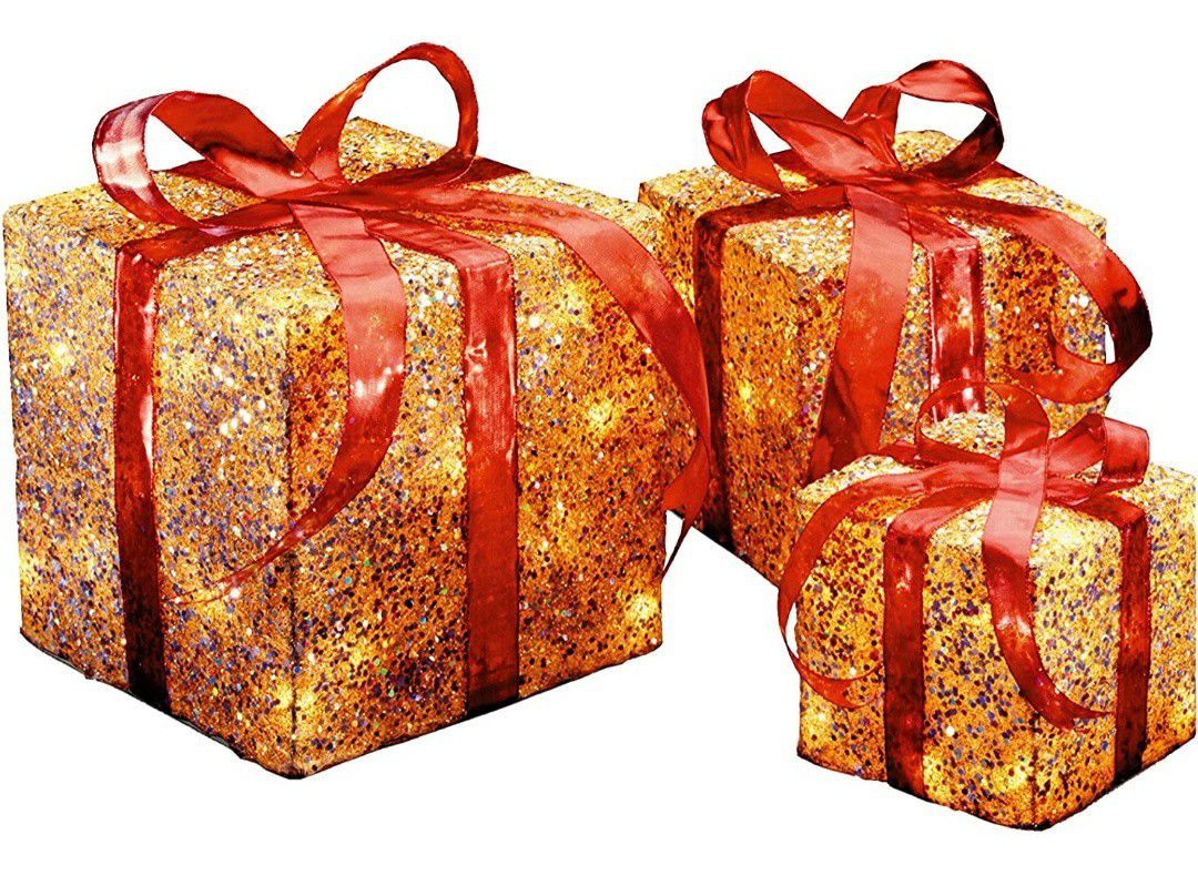 Set of 3 GOLD Gift Boxes with Clear Lights Holiday Decor