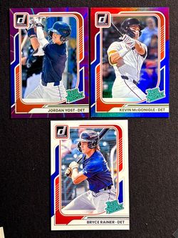 Detroit Tigers 2026 Donruss Baseball Rated Prospect lot (3) Mcgonigle RWB/Yost Purple Lazer /49 & Rainer Bsse